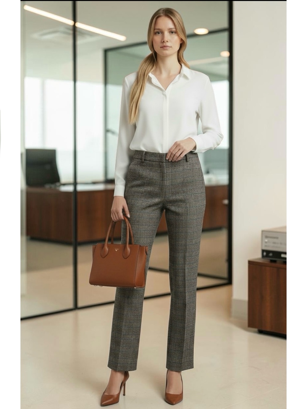 Weekend Max Mara Wool Check Straight Leg Trousers in Brown/Gray Size 12